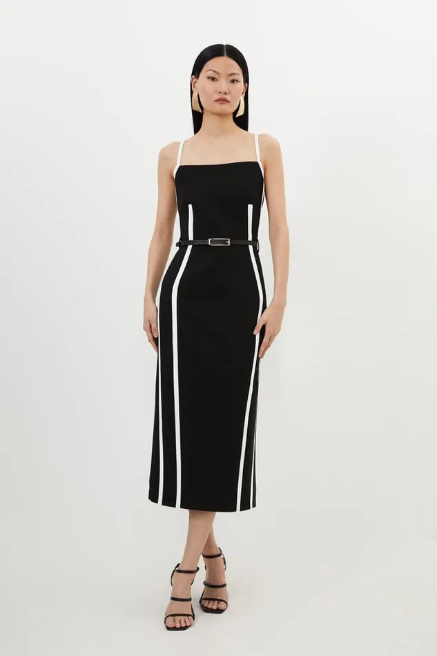 Compact Stretch Contrast Tailored Belted Midi Dress Black Women Karen Millen Dresses