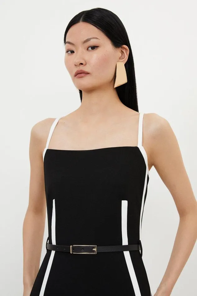 Compact Stretch Contrast Tailored Belted Midi Dress Black Women Karen Millen Dresses