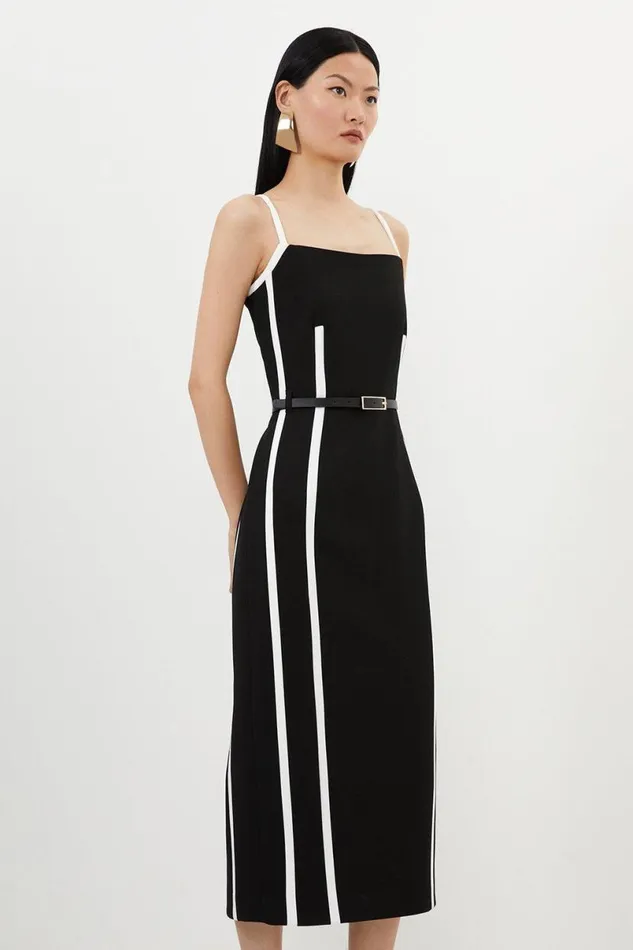 Compact Stretch Contrast Tailored Belted Midi Dress Black Women Karen Millen Dresses