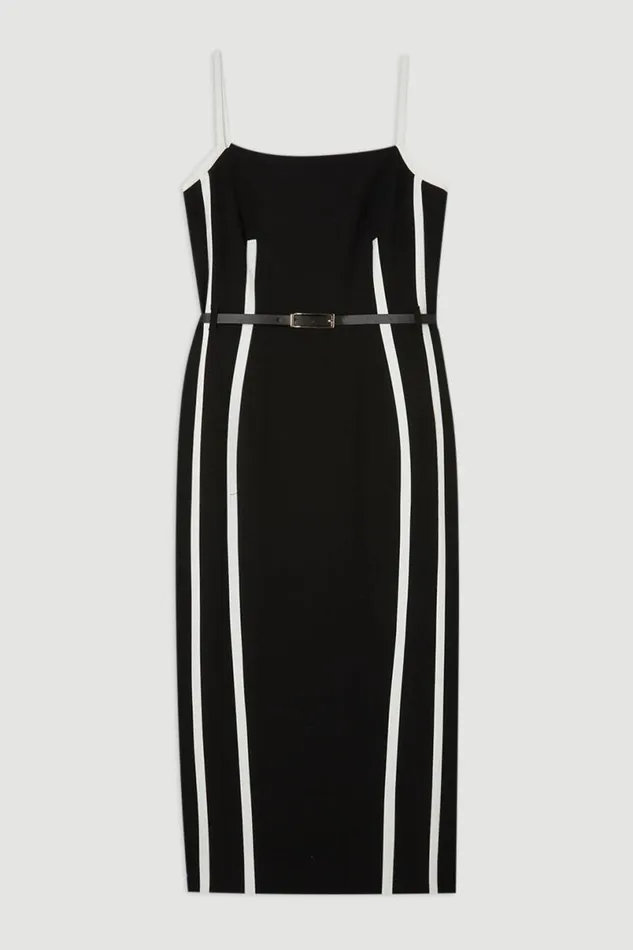 Compact Stretch Contrast Tailored Belted Midi Dress Black Women Karen Millen Dresses