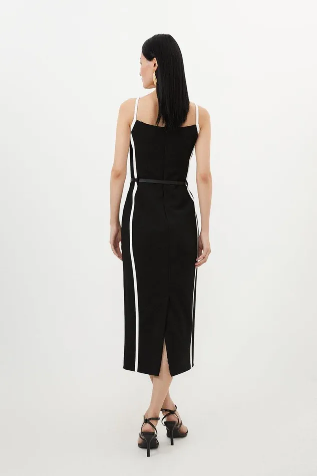 Compact Stretch Contrast Tailored Belted Midi Dress Black Women Karen Millen Dresses