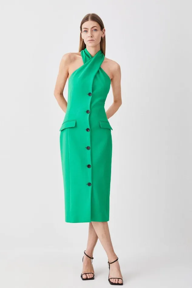 Compact Stretch Halter Neck Button Detail Midi Dress Green Women Karen Millen Dresses