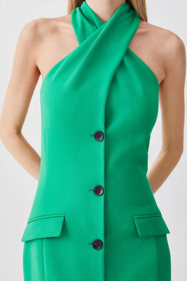 Compact Stretch Halter Neck Button Detail Midi Dress Green Women Karen Millen Dresses