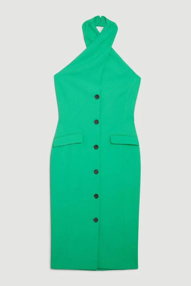 Compact Stretch Halter Neck Button Detail Midi Dress Green Women Karen Millen Dresses