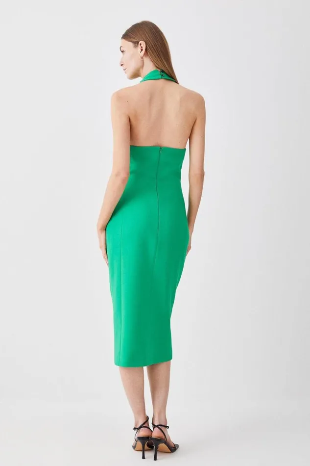 Compact Stretch Halter Neck Button Detail Midi Dress Green Women Karen Millen Dresses