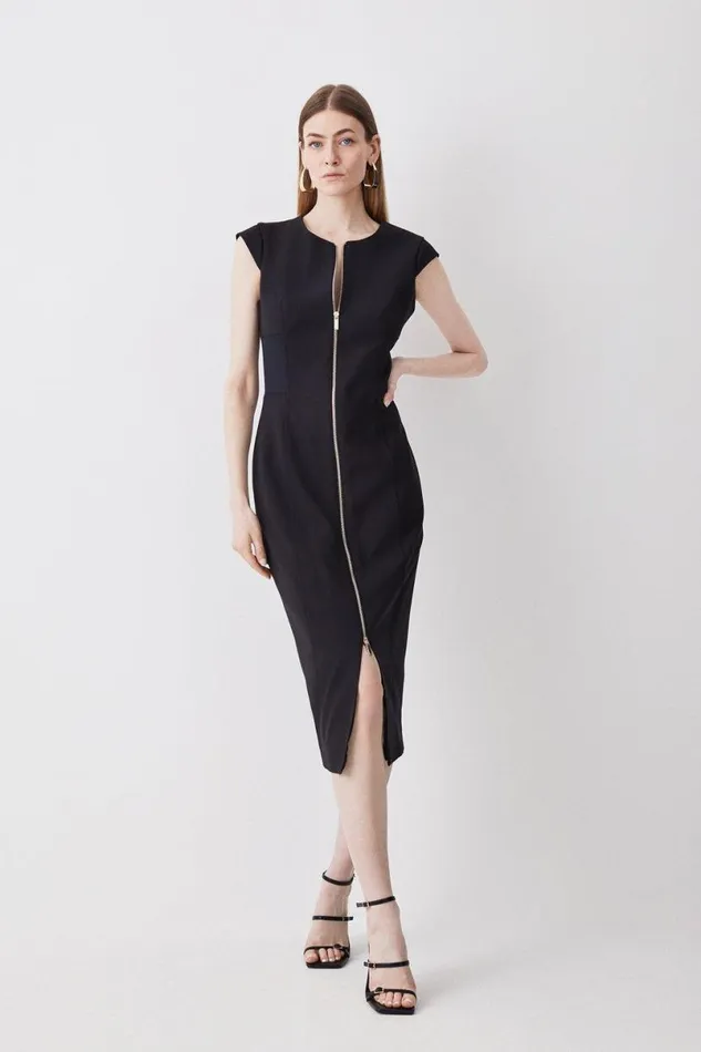 Compact Stretch Insert Panel Tailored Pencil Midi Dress Black Women Karen Millen Dresses