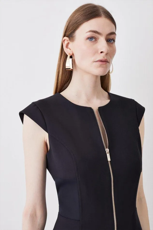 Compact Stretch Insert Panel Tailored Pencil Midi Dress Black Women Karen Millen Dresses