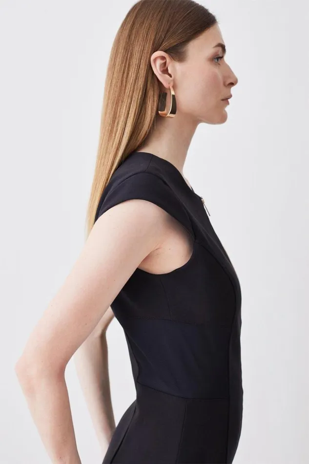 Compact Stretch Insert Panel Tailored Pencil Midi Dress Black Women Karen Millen Dresses