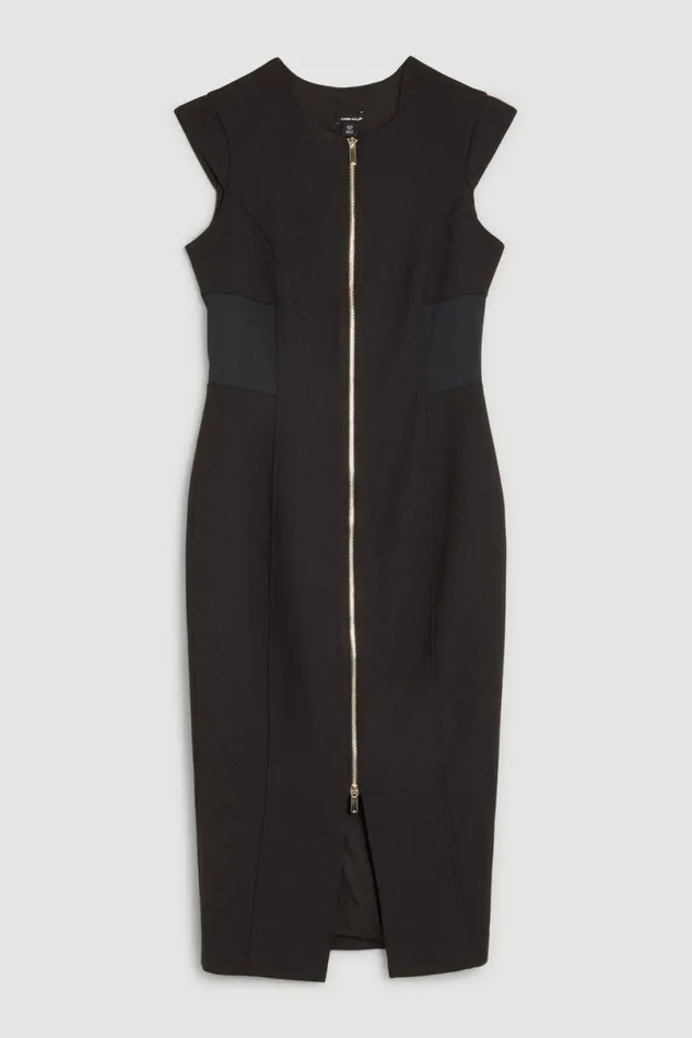 Compact Stretch Insert Panel Tailored Pencil Midi Dress Black Women Karen Millen Dresses