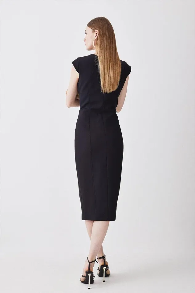 Compact Stretch Insert Panel Tailored Pencil Midi Dress Black Women Karen Millen Dresses