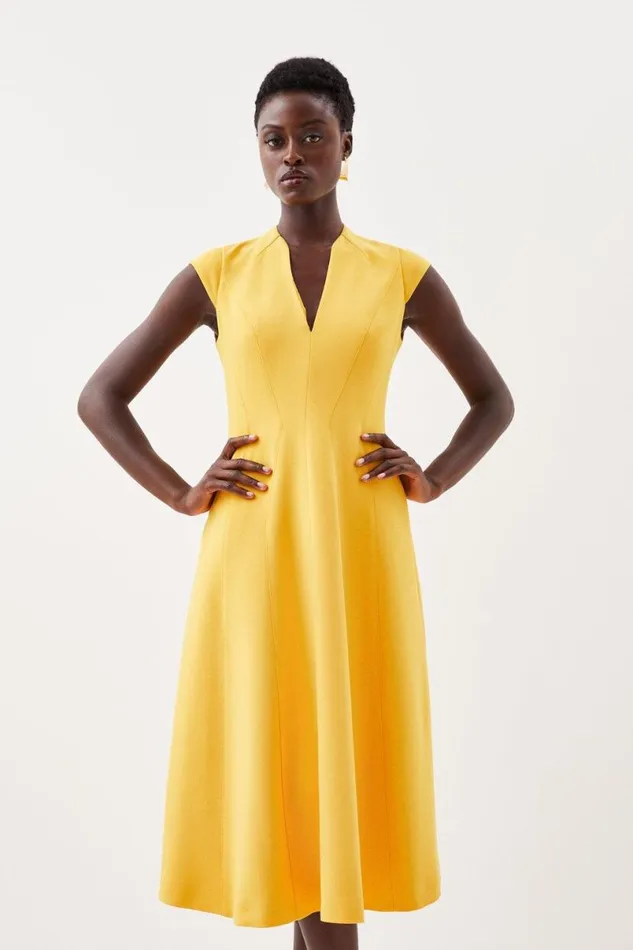 Compact Stretch Seam Detail High Neck Full Skirt Midi Dress Yellow Women Karen Millen Dresses Compact Stretch Seam Detail High Neck Full Skirt Midi Dress Yellow Women Karen Millen Dresses