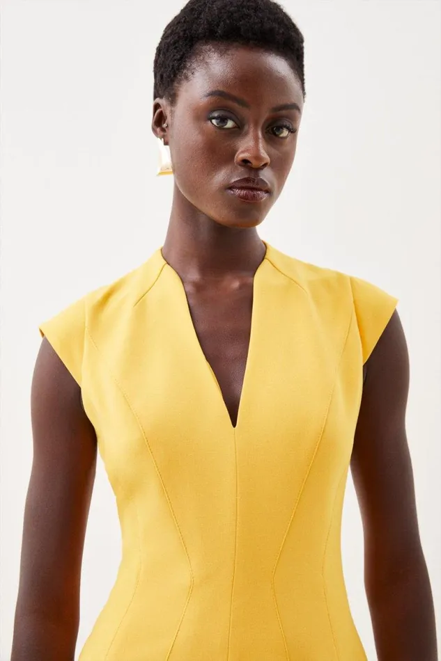 Compact Stretch Seam Detail High Neck Full Skirt Midi Dress Yellow Women Karen Millen Dresses