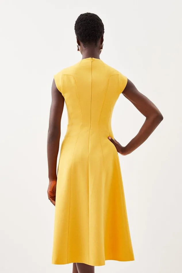 Compact Stretch Seam Detail High Neck Full Skirt Midi Dress Yellow Women Karen Millen Dresses