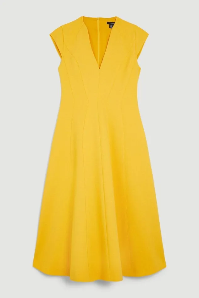 Compact Stretch Seam Detail High Neck Full Skirt Midi Dress Yellow Women Karen Millen Dresses