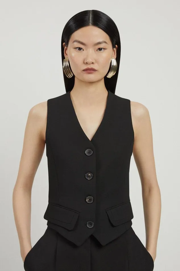 Compact Stretch Tailored Buttoned Waistcoat Black Women Karen Millen Tops