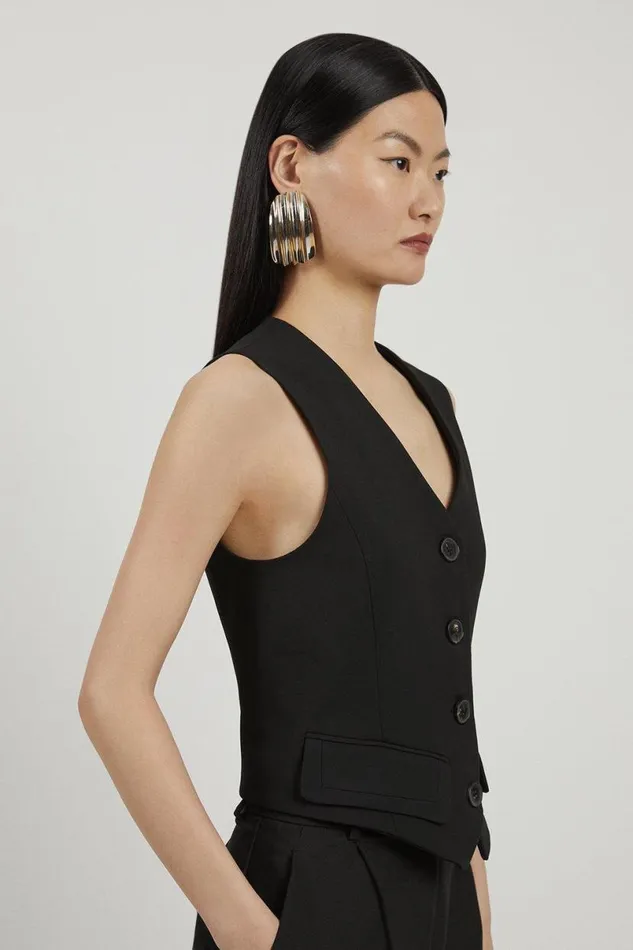 Compact Stretch Tailored Buttoned Waistcoat Black Women Karen Millen Tops