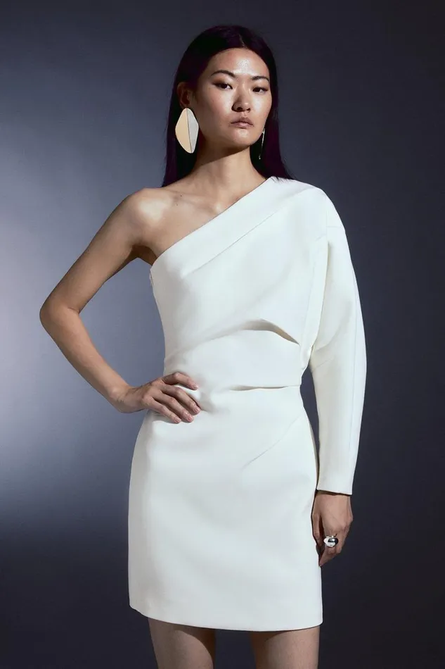 Compact Stretch Tailored One Shoulder Mini Dress Ivory Women Karen Millen Dresses