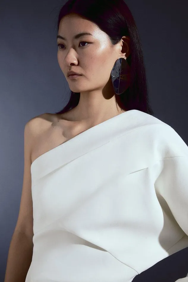 Compact Stretch Tailored One Shoulder Mini Dress Ivory Women Karen Millen Dresses