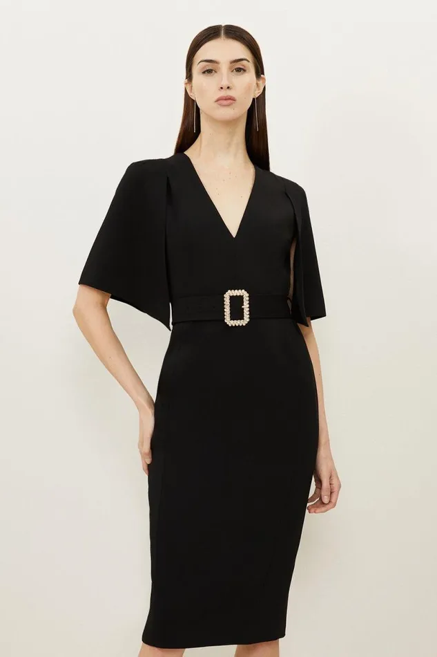 Compact Stretch Viscose Cape Pencil Midi Dress Black Women Karen Millen Dresses