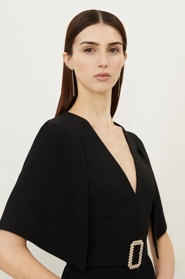 Compact Stretch Viscose Cape Pencil Midi Dress Black Women Karen Millen Dresses