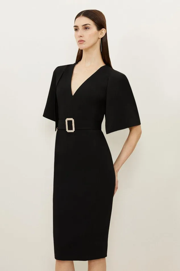 Compact Stretch Viscose Cape Pencil Midi Dress Black Women Karen Millen Dresses