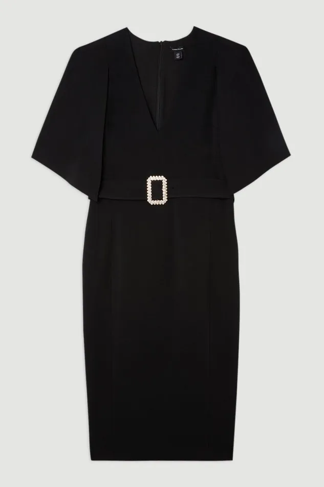 Compact Stretch Viscose Cape Pencil Midi Dress Black Women Karen Millen Dresses