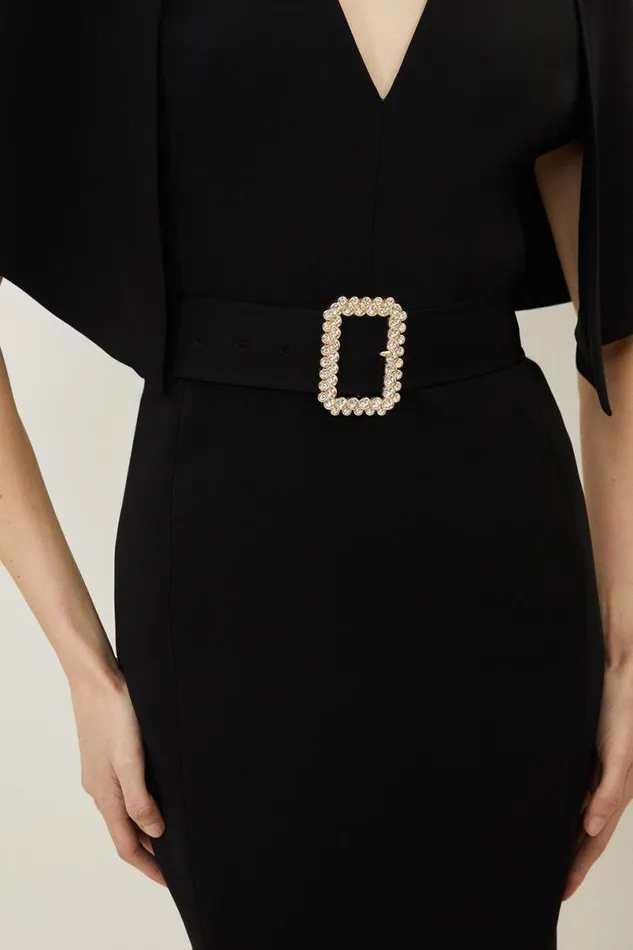 Compact Stretch Viscose Cape Pencil Midi Dress Black Women Karen Millen Dresses