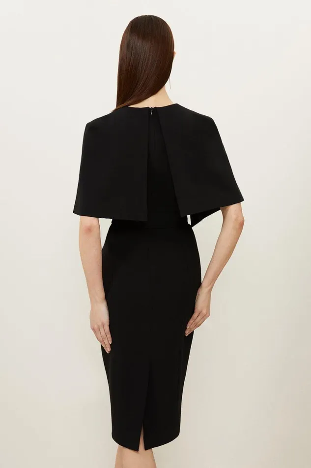 Compact Stretch Viscose Cape Pencil Midi Dress Black Women Karen Millen Dresses