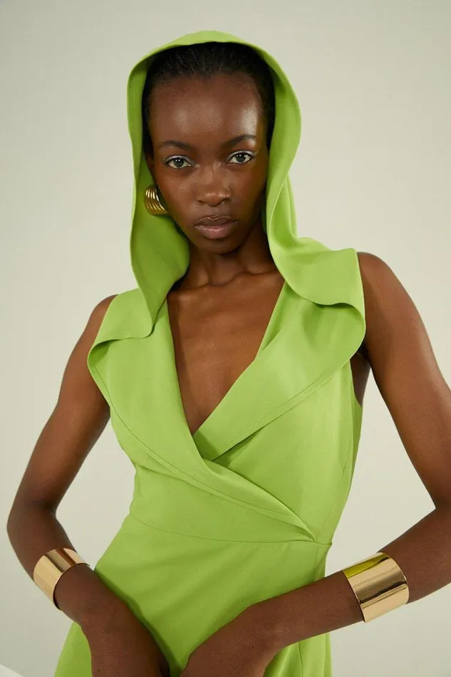 Compact Stretch Viscose Tailored Hooded Wrap Detail Midaxi Dress Green Women Karen Millen Dresses