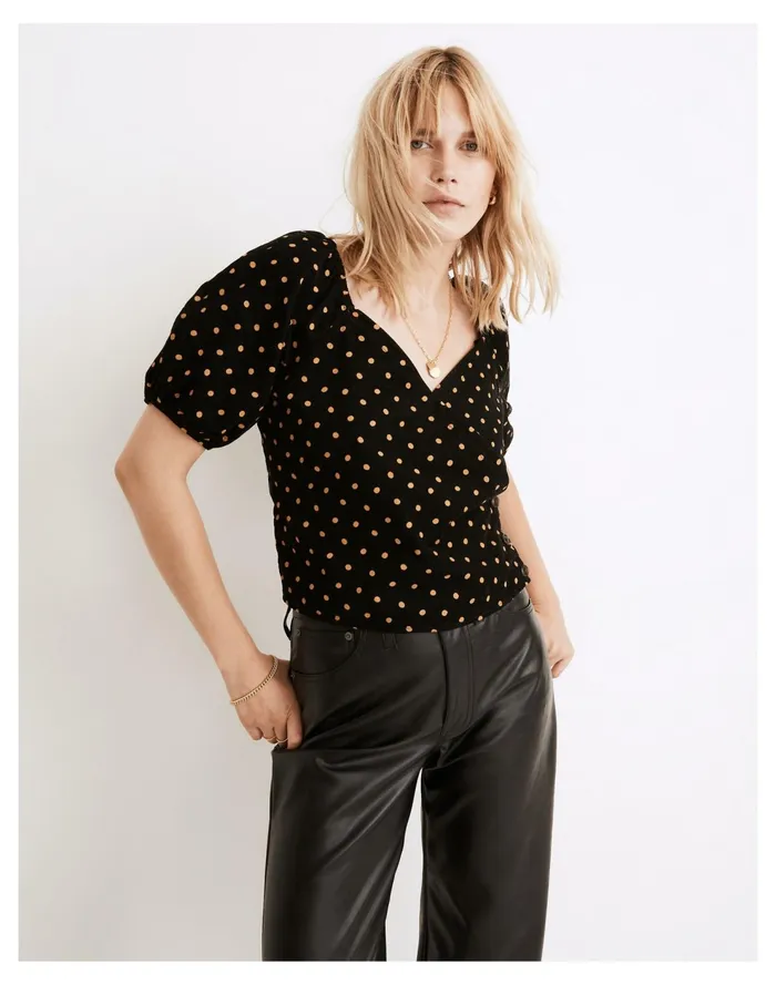 Corduroy Puff Sleeve Wrap Top In Oval Dot True Black Women Madewell Tops and Shirts