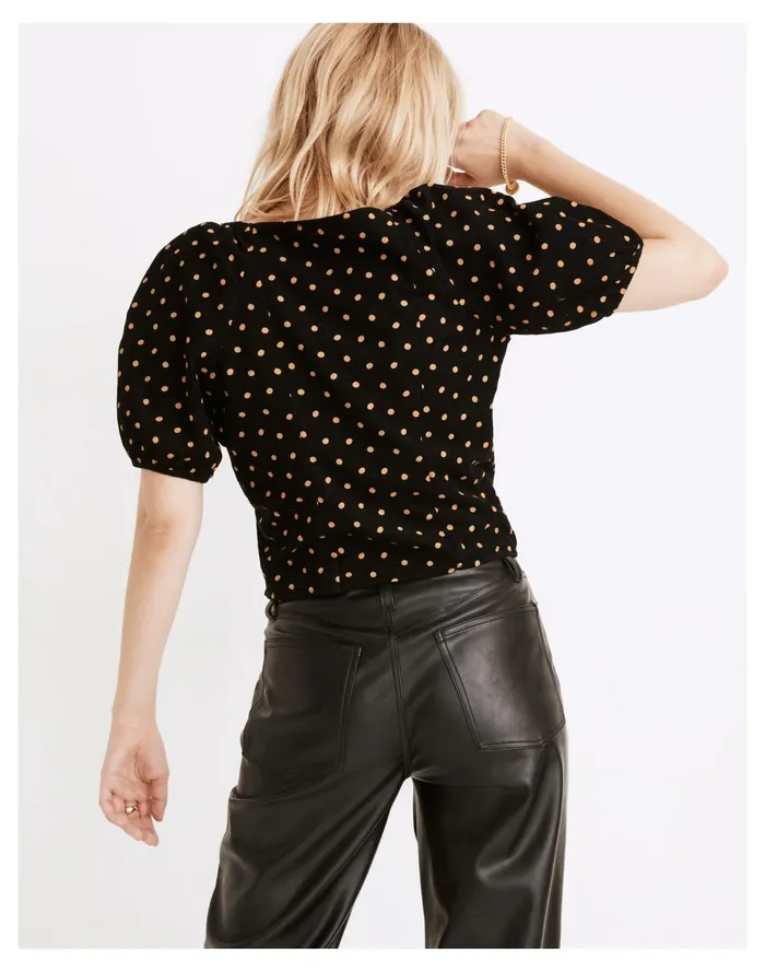 Corduroy Puff Sleeve Wrap Top In Oval Dot True Black Women Madewell Tops and Shirts