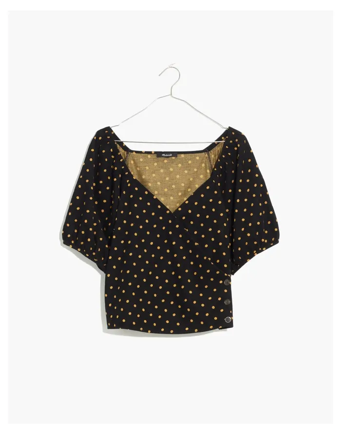 Corduroy Puff Sleeve Wrap Top In Oval Dot True Black Women Madewell Tops and Shirts