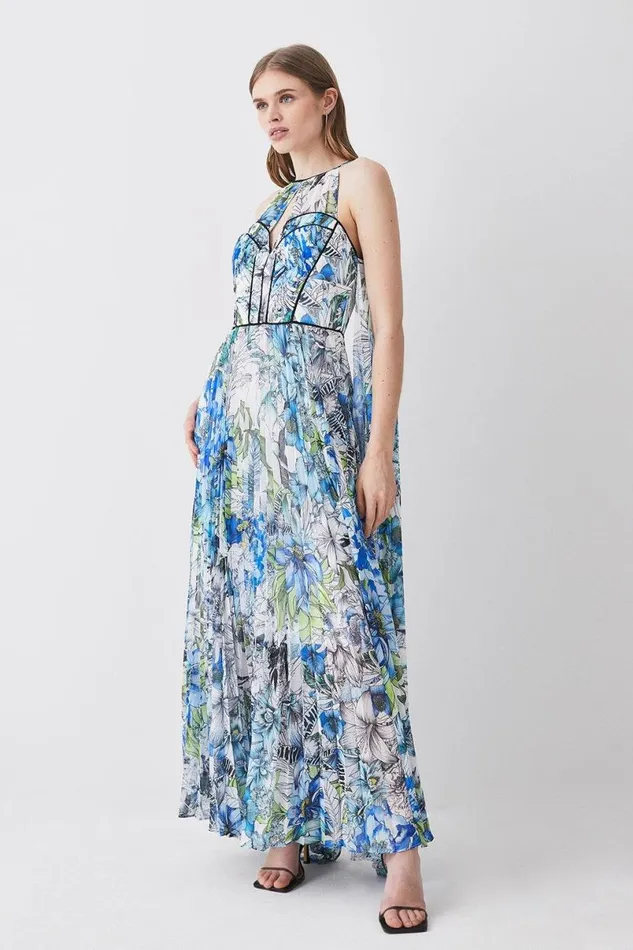 Corset Detail Floral Pleated Halter Woven Maxi Dress Women Karen Millen Dresses