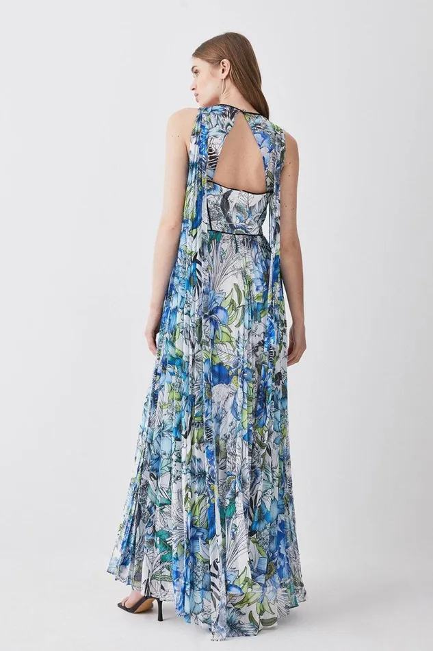 Corset Detail Floral Pleated Halter Woven Maxi Dress Women Karen Millen Dresses