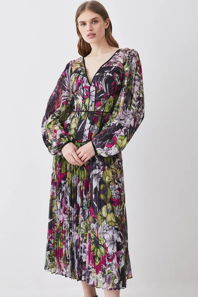 Corset Detail Floral Pleated Woven Maxi Dress Multi Women Karen Millen Tops