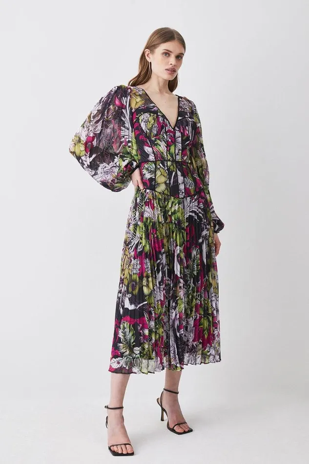 Corset Detail Floral Pleated Woven Maxi Dress Multi Women Karen Millen Tops
