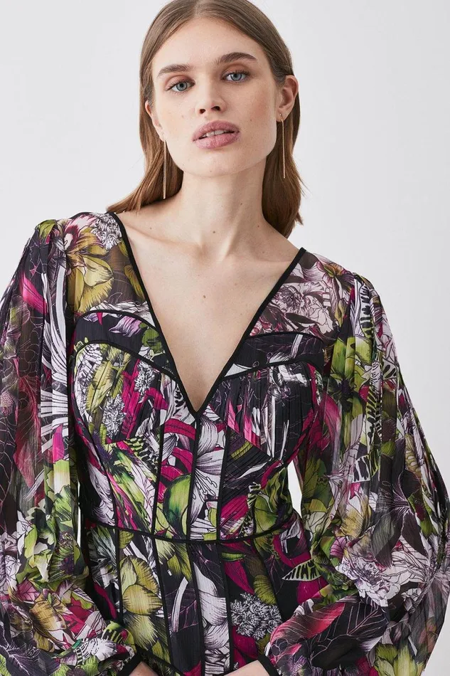 Corset Detail Floral Pleated Woven Maxi Dress Multi Women Karen Millen Tops