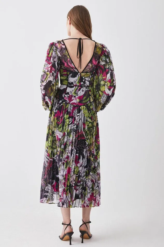 Corset Detail Floral Pleated Woven Maxi Dress Multi Women Karen Millen Tops