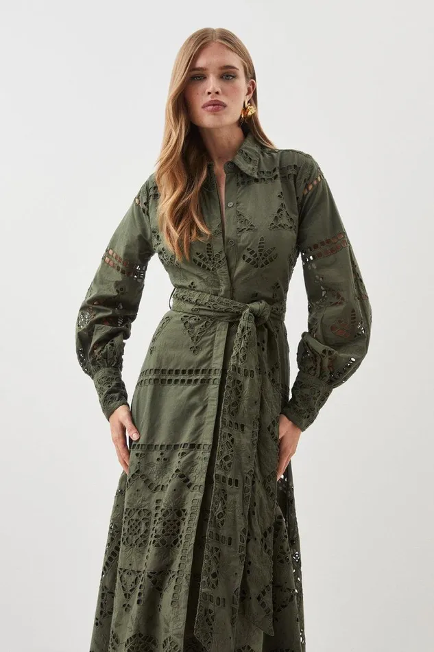 Cotton Broderie Belted Woven Maxi Dress Khaki Women Karen Millen Dresses