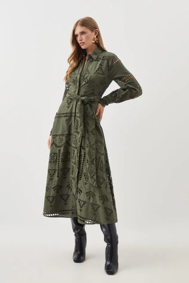 Cotton Broderie Belted Woven Maxi Dress Khaki Women Karen Millen Dresses