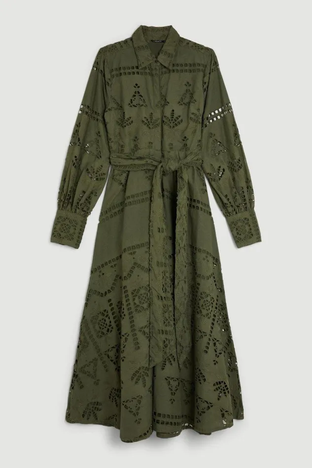 Cotton Broderie Belted Woven Maxi Dress Khaki Women Karen Millen Dresses
