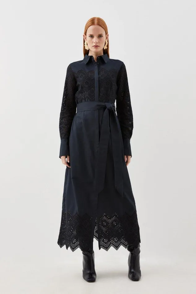 Cotton Broderie Woven Maxi Dress Navy Women Karen Millen Dresses