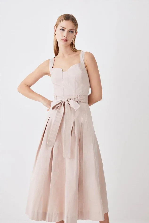 Cotton Sateen Strappy Belted Full Midi Dress Stone Women Karen Millen Dresses