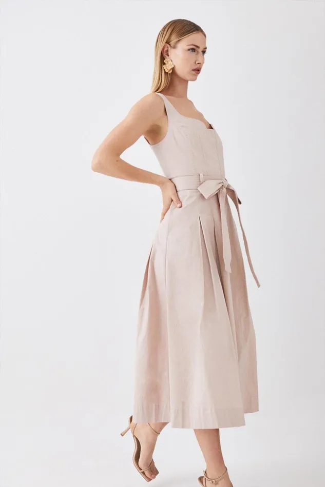 Cotton Sateen Strappy Belted Full Midi Dress Stone Women Karen Millen Dresses