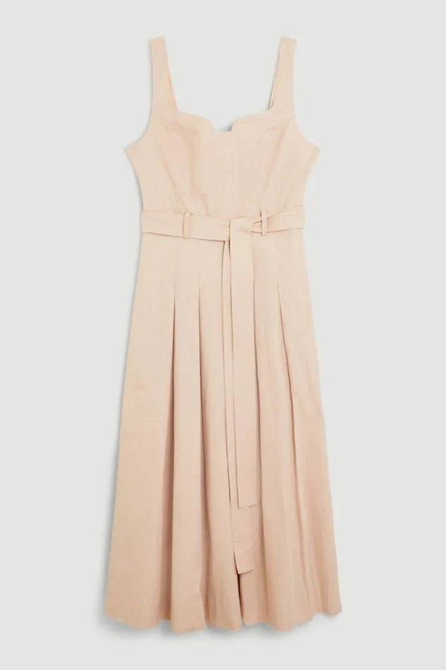 Cotton Sateen Strappy Belted Full Midi Dress Stone Women Karen Millen Dresses