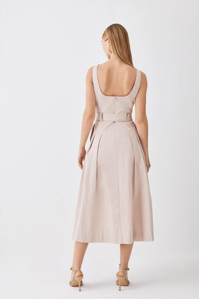 Cotton Sateen Strappy Belted Full Midi Dress Stone Women Karen Millen Dresses