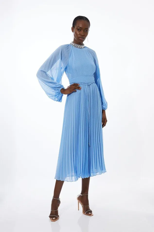 Crystal Embellished Woven Maxi Dress Blue Women Karen Millen Dresses