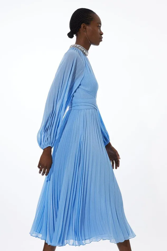 Crystal Embellished Woven Maxi Dress Blue Women Karen Millen Dresses