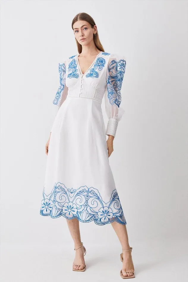 Cutwork Organdie Buttoned Woven Midi Dress White Women Karen Millen Dresses