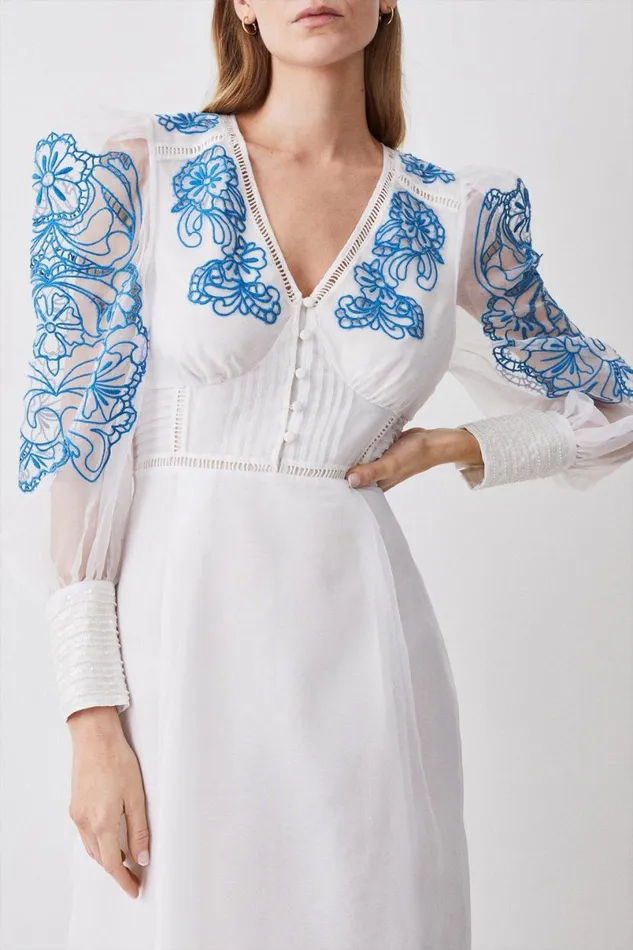 Cutwork Organdie Buttoned Woven Midi Dress White Women Karen Millen Dresses